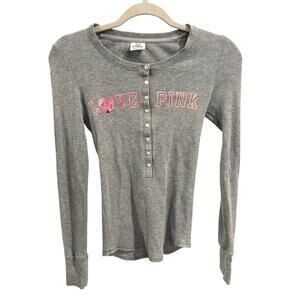 RARE HTF Y2K Victorias Secret Pink XS Gray Waffle Thermal Glitter Heart Shirt